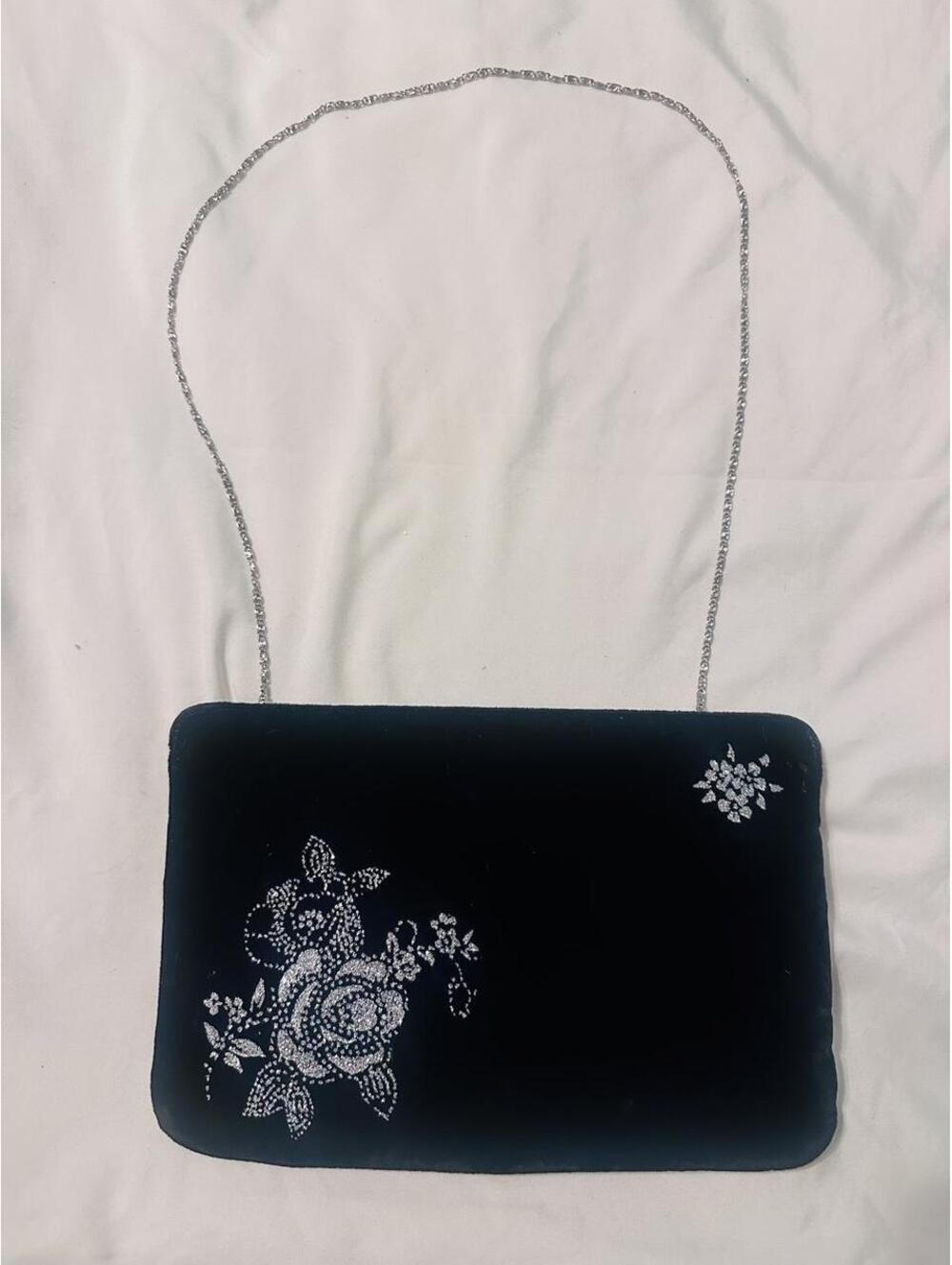 VTG black velvet shoulder clutch purse silver floral sequin beaded embroidery.